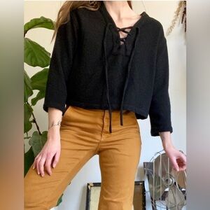 First Rite Wool Cropped Sweater Black Lace Up Women’s Size Small Fall Warm Cozy